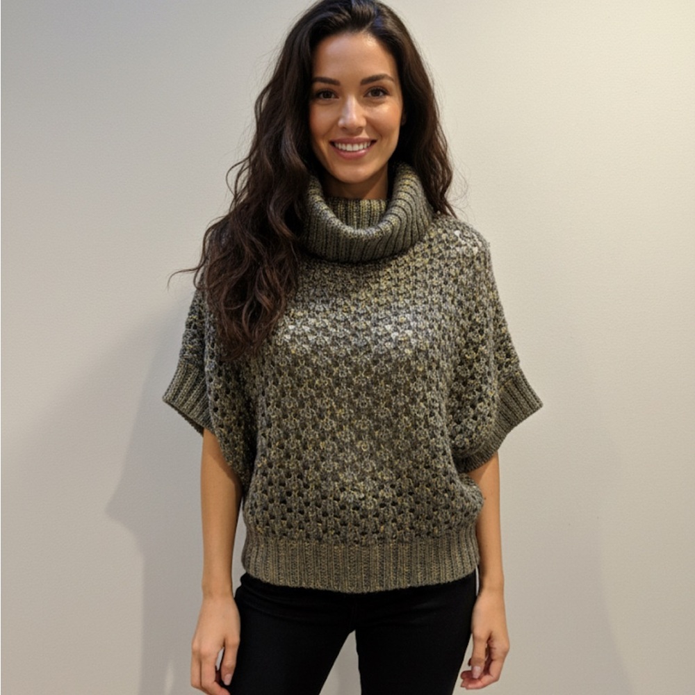 Anthropologie Hazel Open Knit Short Sleeve Cowl Neck Sweater Top Gray Green Gold